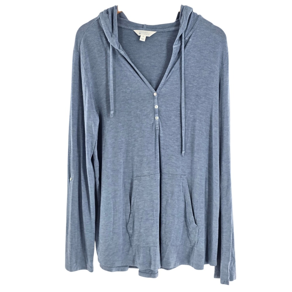 Market & Spruce Women's Hoodie Tunic Split Neck Drawstring Light Blue Sz XL